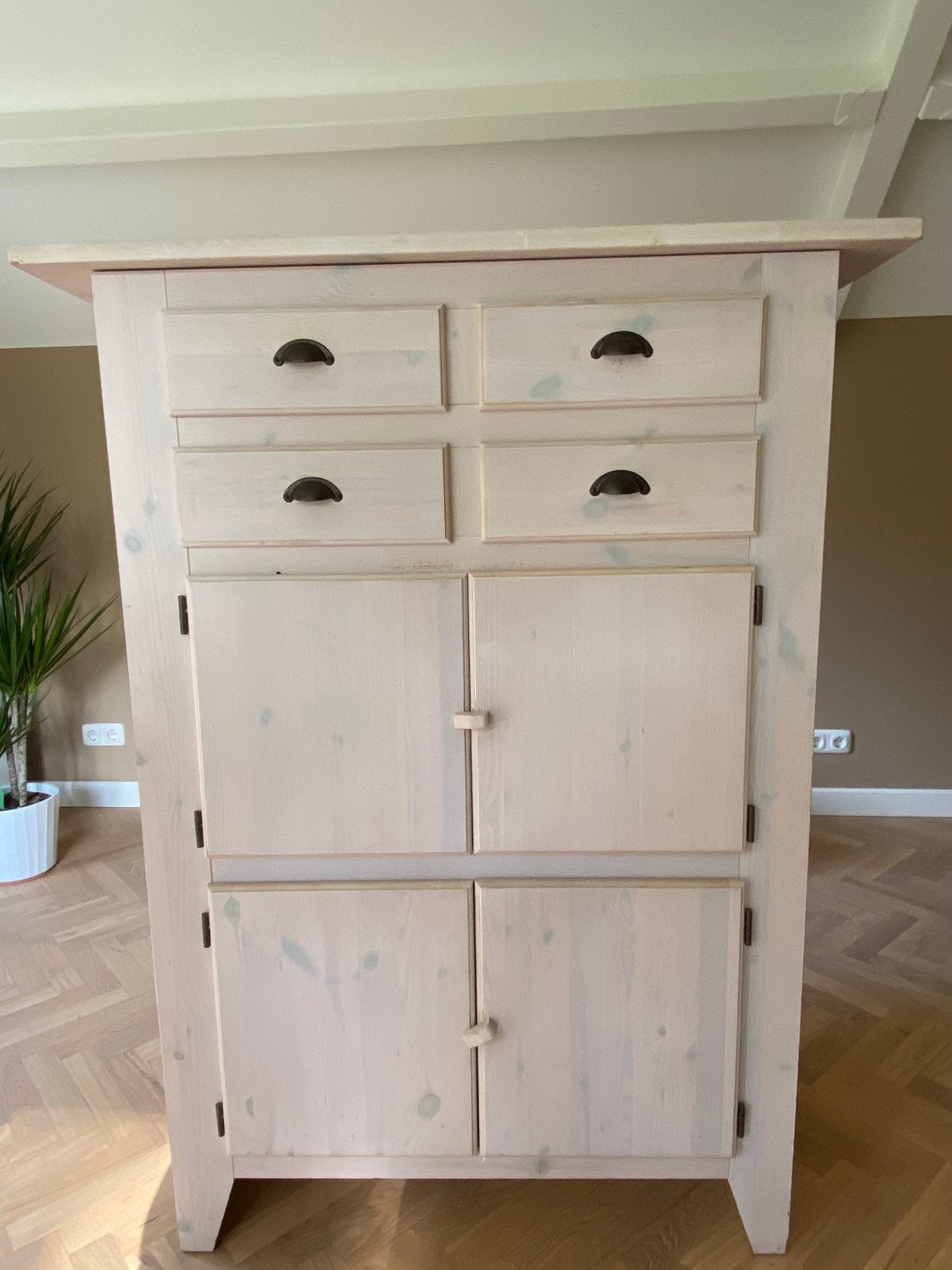 Brocante houten kast - grenen white-wash, Ophalen, Gebruikt, 100 tot 150 cm, Landelijk