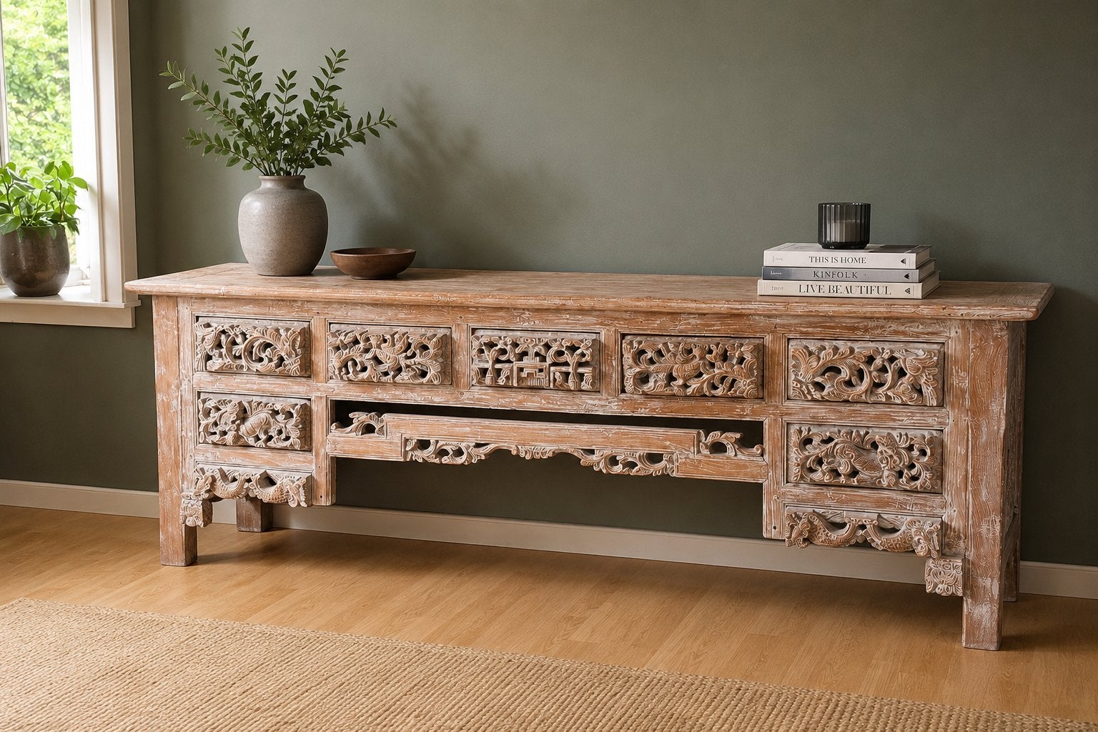 Uniek handgesneden Balinees dressoir 234 cm | Massief hout, Huis en Inrichting, Kasten | Dressoirs, Ophalen, Zo goed als nieuw