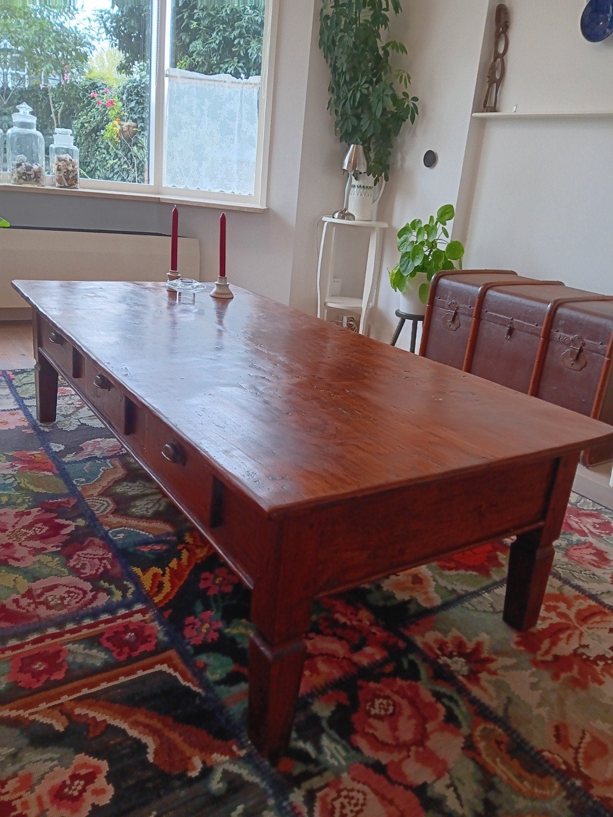 Robuuste houten (teak) salontafel met 3 lades, Ophalen, Gebruikt, Koloniaal, Teakhout