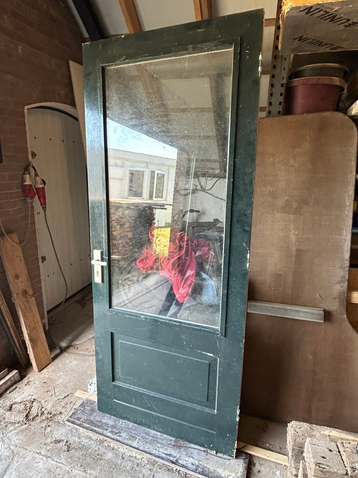Hardhouten buitendeur met paneel en thermopane glas, Ophalen, Gebruikt, 80 tot 100 cm, 215 cm of meer