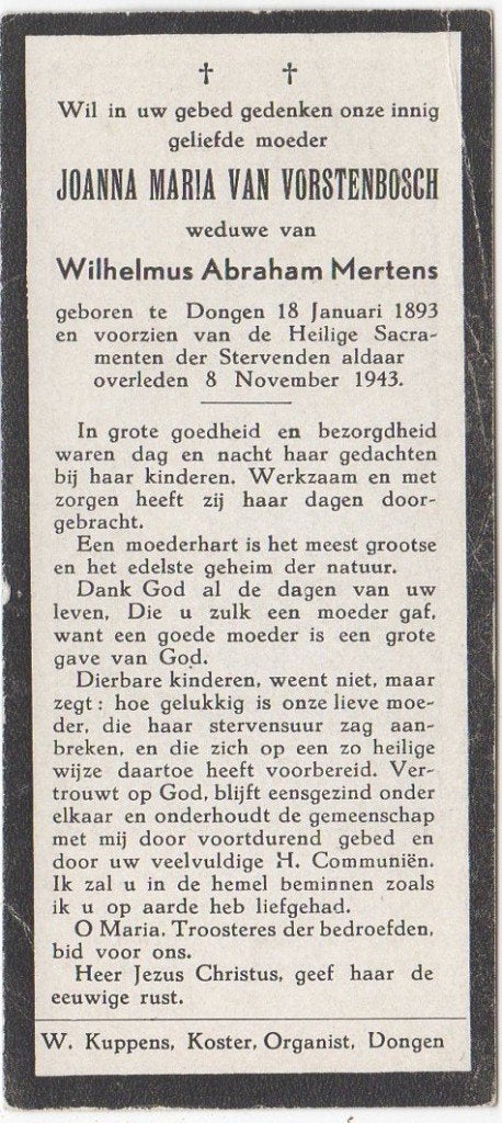 Joanna M. Vorstenbosch 1893 Dongen + 1943 Dongen, 50 jaar, Verzamelen, Bidprentjes en Rouwkaarten, Verzenden