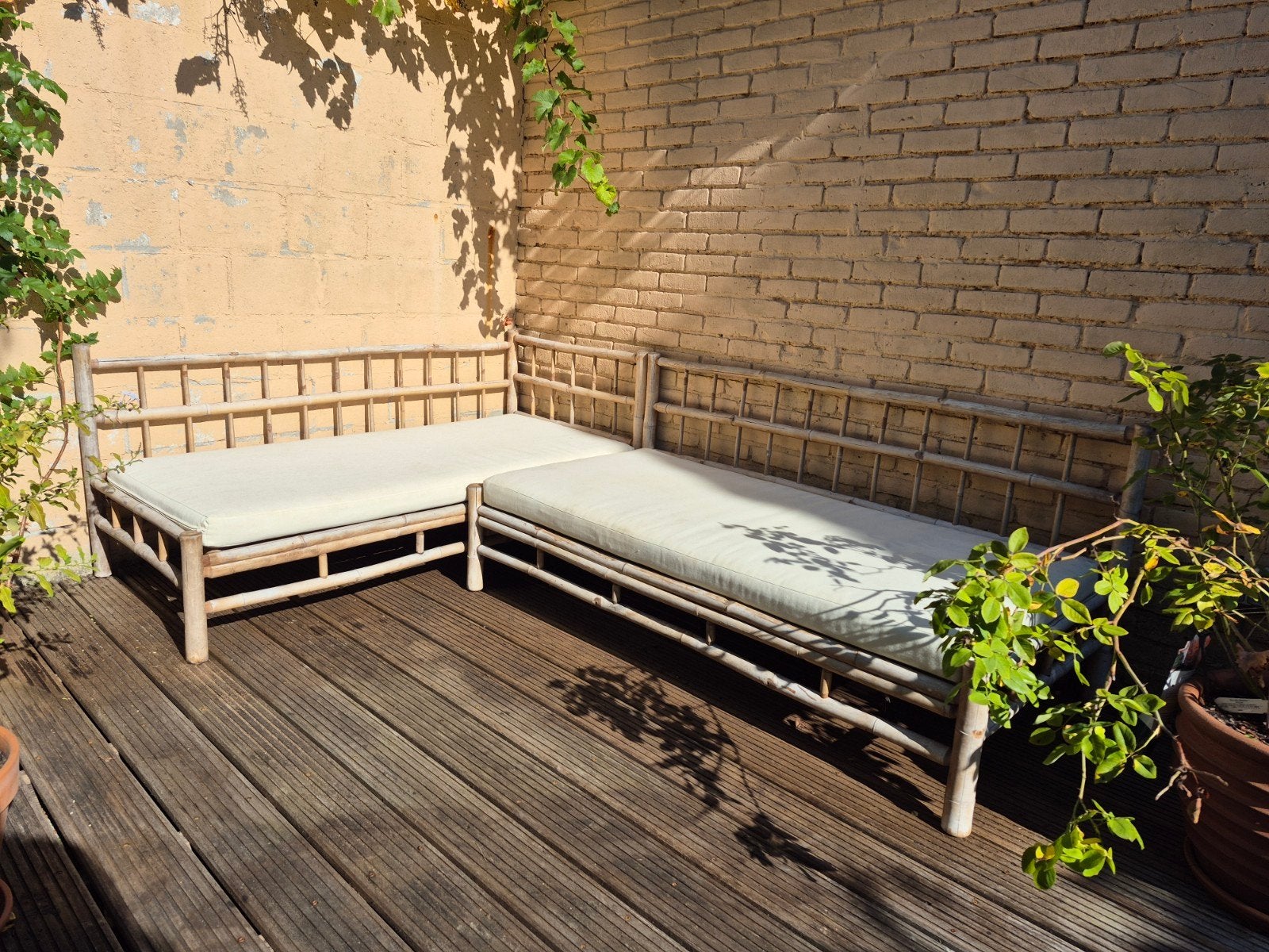 Bamboe - bamboo loungeset + creme kussens, Ophalen, Gebruikt, Loungeset, Bank
