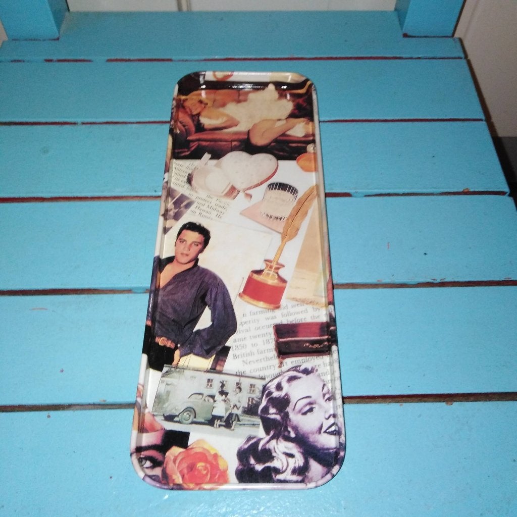 Metalen schaaltje met print Elvis Presley en Marilyn Monroe, Verzamelen, Ophalen, Gebruikt, Gebruiksvoorwerp