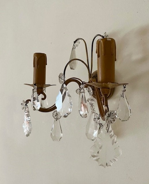 Antieke Franse wandlamp met kristalglazen pegels, Ophalen of Verzenden