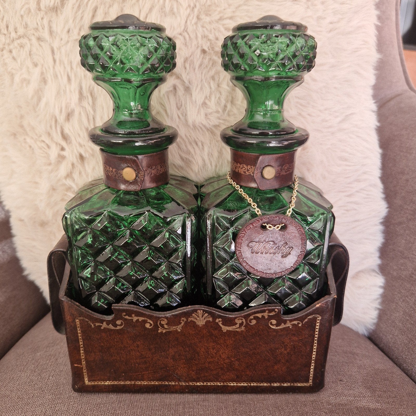 Vintage italiaanse karafset in leren houder, Ophalen of Verzenden
