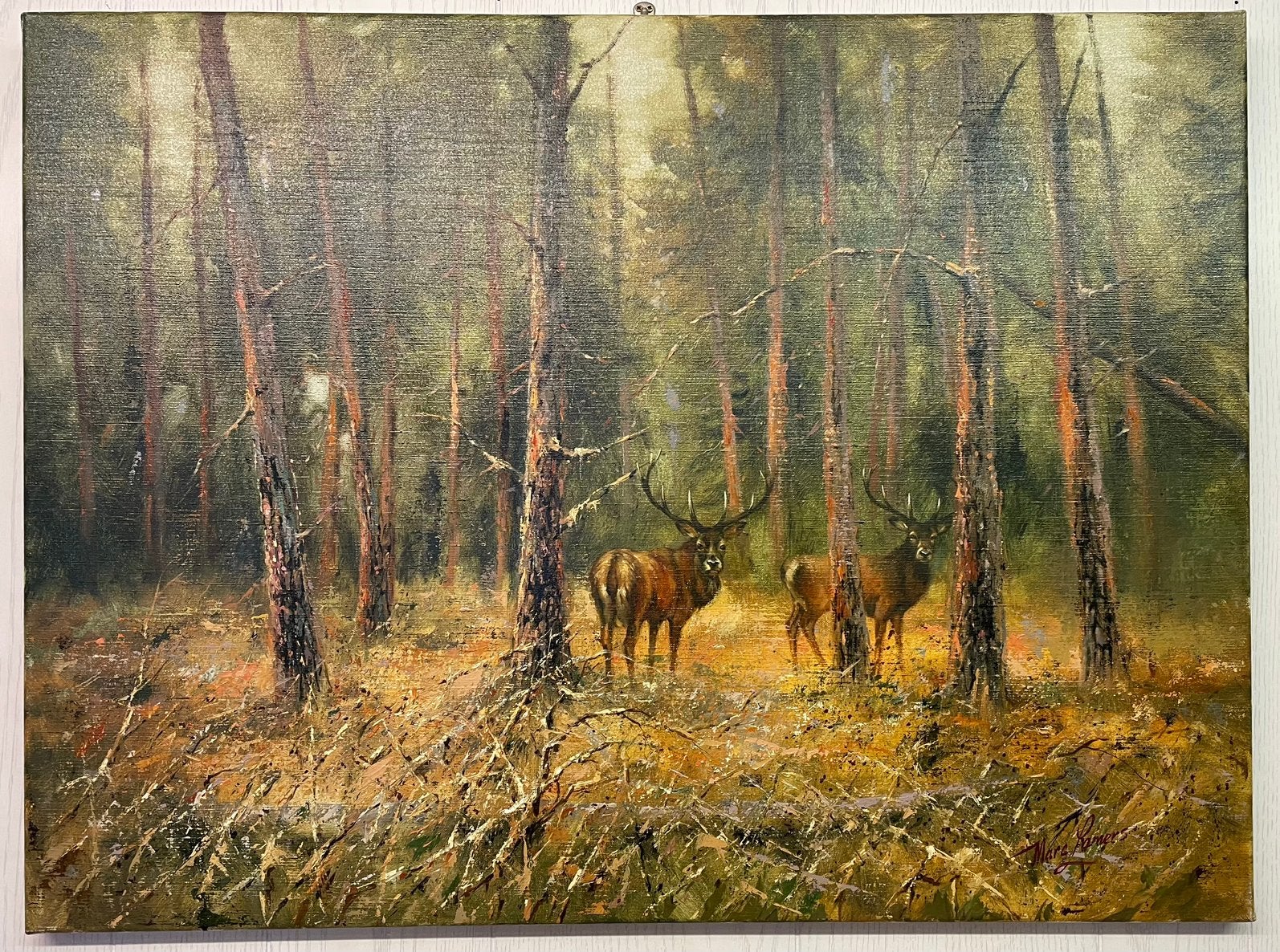 Schilderij met herten in bos - Marc Lamers, Ophalen, Doek, Realistisch, Dieren