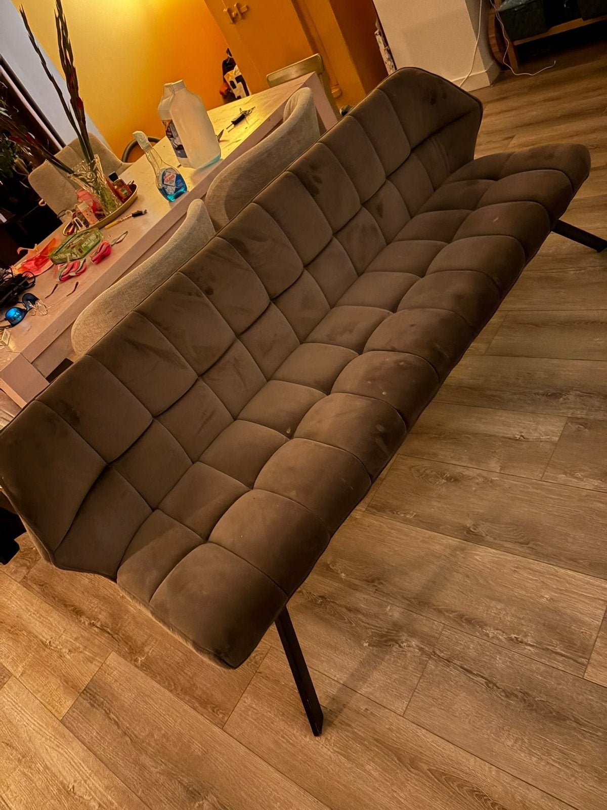 Taupe 2/3-zits eettafel bank 180 cm breed, Ophalen, Gebruikt, Minder dan 75 cm, 150 tot 200 cm