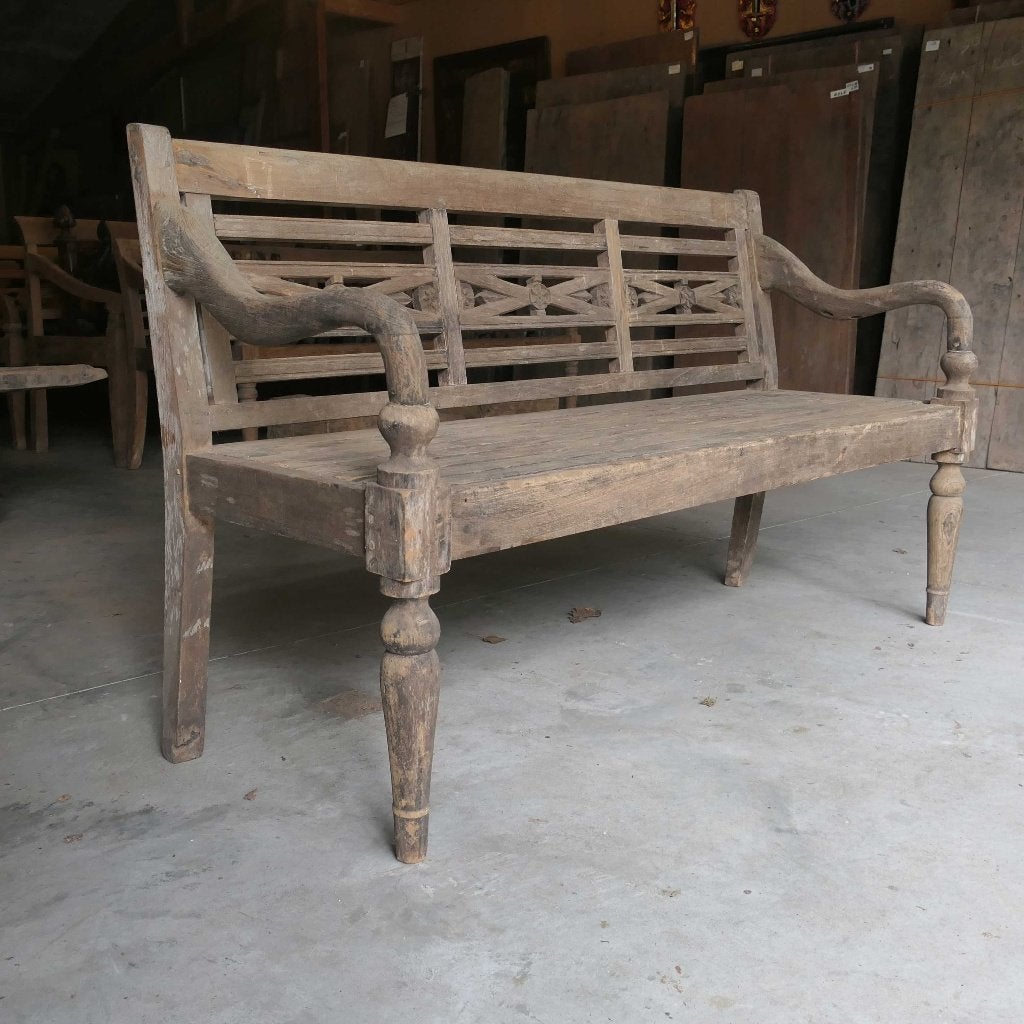 Antieke stationsbank RQ37 oud hout teak bank tuin Ibiza Bali, Ophalen of Verzenden