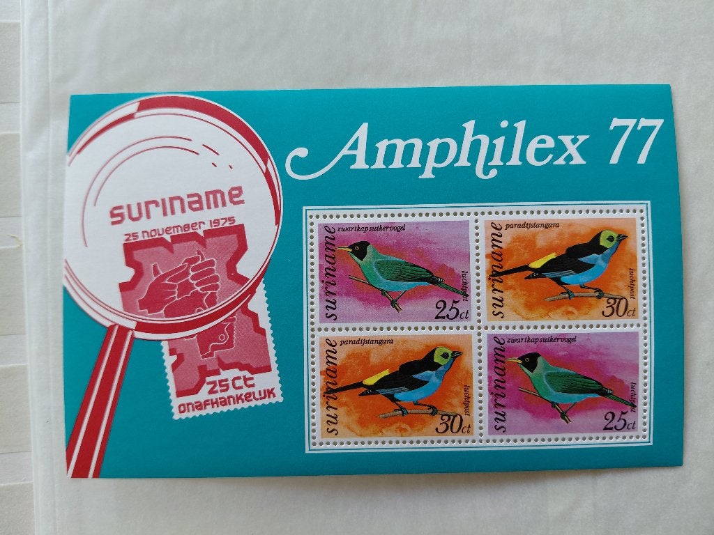 Suriname, Amphilex 77, Postfris blok, serie vogels, Verzenden, Postfris, Dier of Natuur