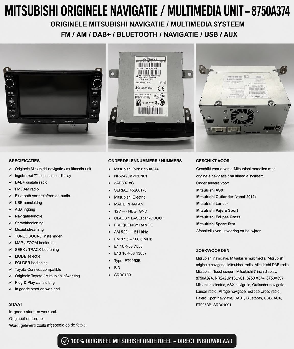 Mitsubishi Originele Navigatie / Multimedia Unit 8750A374, Ophalen of Verzenden, Gebruikt