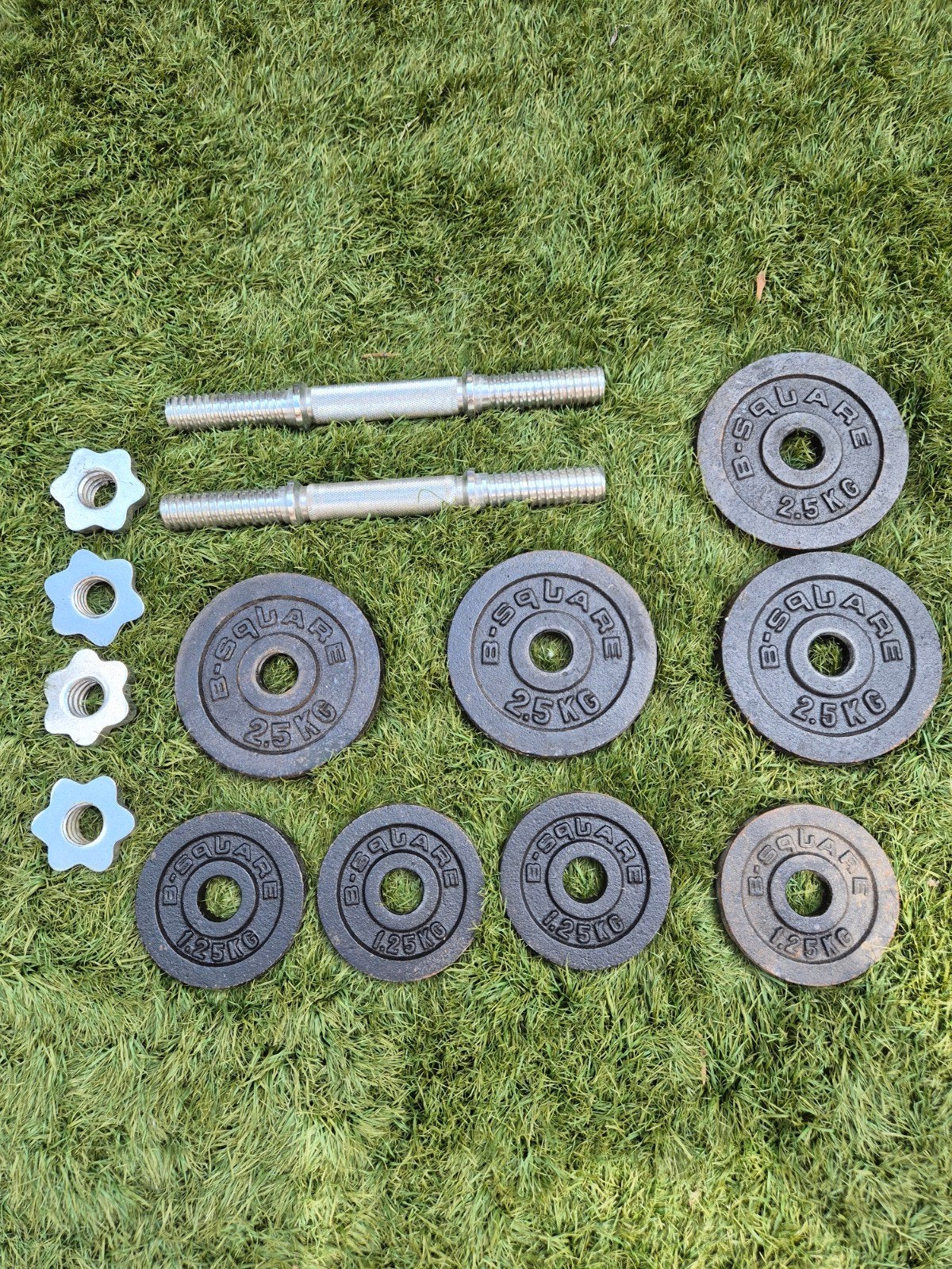 Dumbbell set met halterschijven (4x 2.5kg, 4x 1.25kg), Sport en Fitness, Fitnessmaterialen, Ophalen, Zo goed als nieuw, Armen