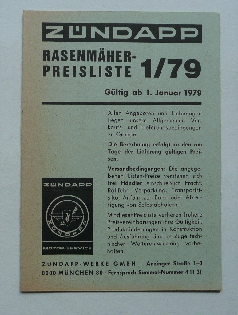 Zündapp Prijslijst (1979) met "Alle Grasmaaier Modellen", Fietsen en Brommers, Handleidingen en Instructieboekjes, Verzenden, Gebruikt