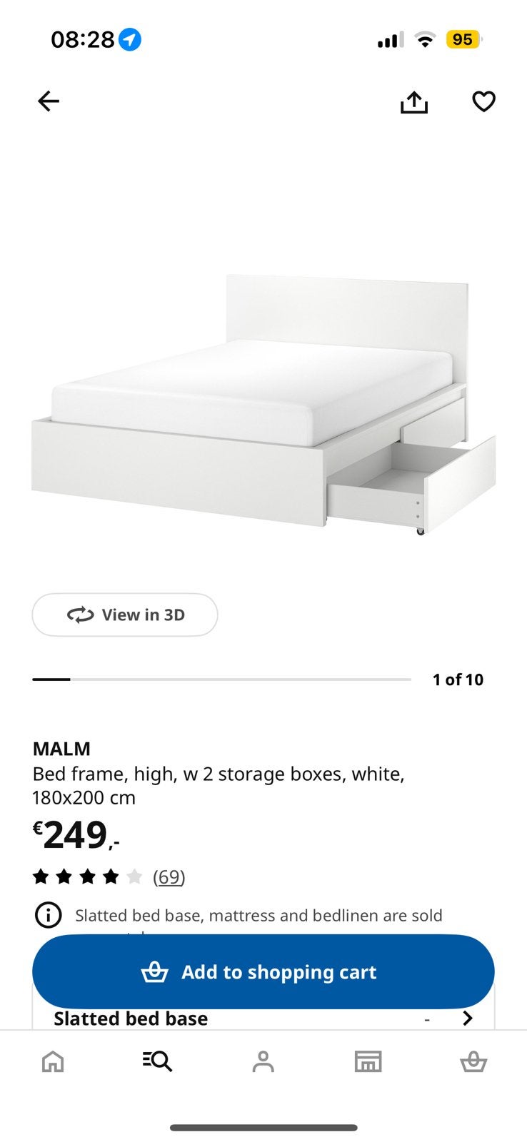 Ikea malm bed frame high with 2 storage boxes white 180x200, Ophalen of Verzenden, Zo goed als nieuw, Tweepersoons, 180 cm
