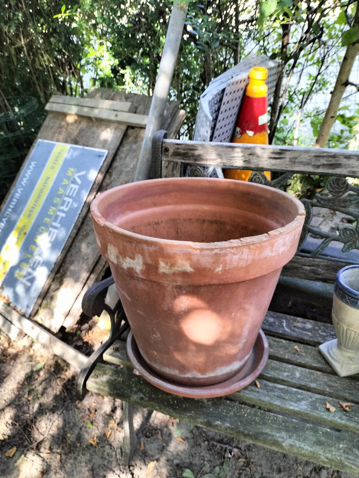 Terracotta bloempot met schotel -authentiek vintage Gebruikt, Tuin en Terras, Bloempotten, Gebruikt, Rond, Minder dan 40 cm, Balkon