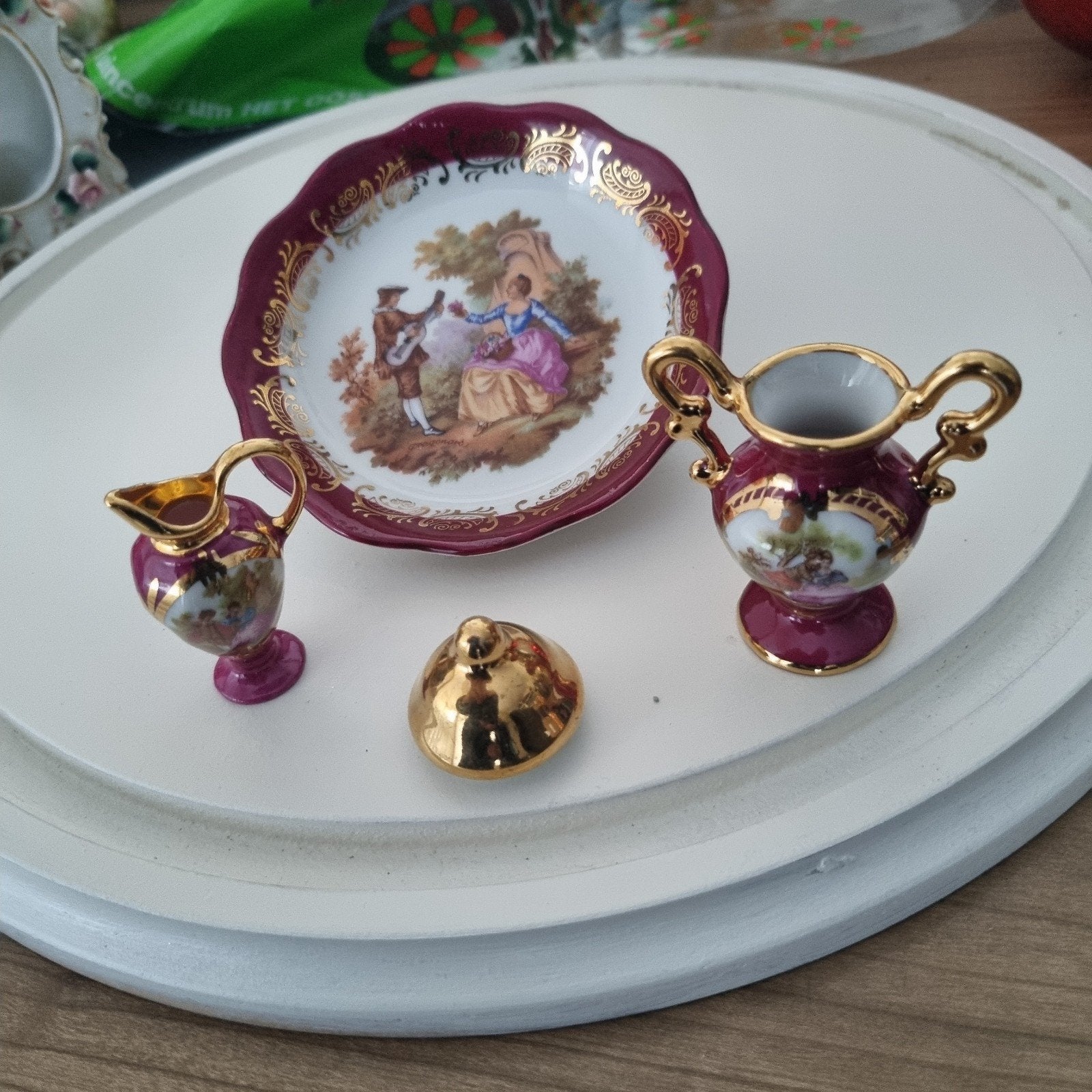 Vintage Limoges Miniatuur Servies Rood Goudkleurig, Ophalen of Verzenden