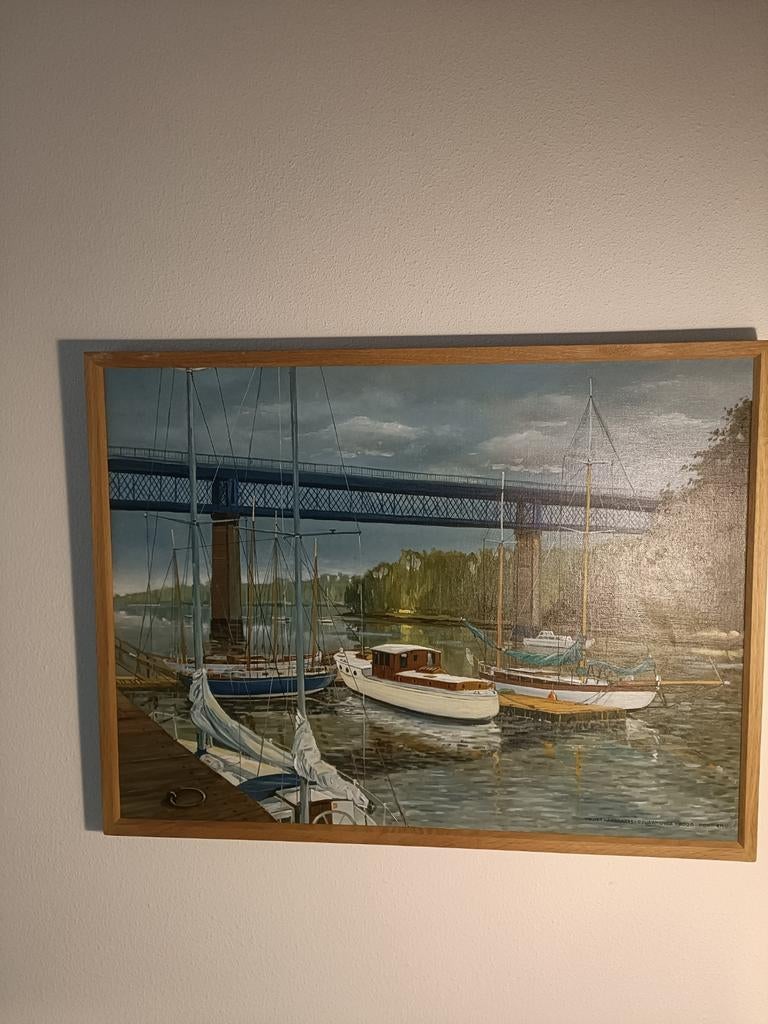 Olieverfschilderij 'Brug over rivier - W. Hagen, Antiek en Kunst, Kunst | Schilderijen | Klassiek, Ophalen of Verzenden