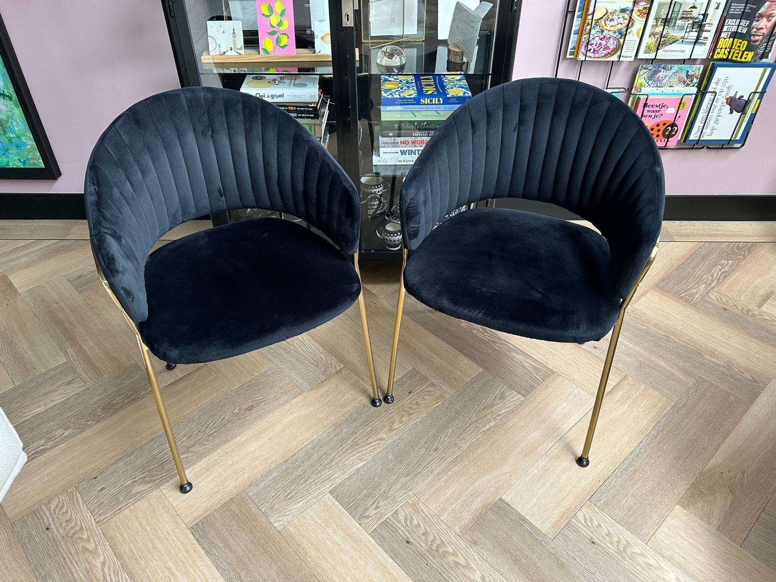 Luxe Velvet Eetkamerstoelen zwart Goud | Set van 2, Ophalen, Twee, Zwart, Zo goed als nieuw