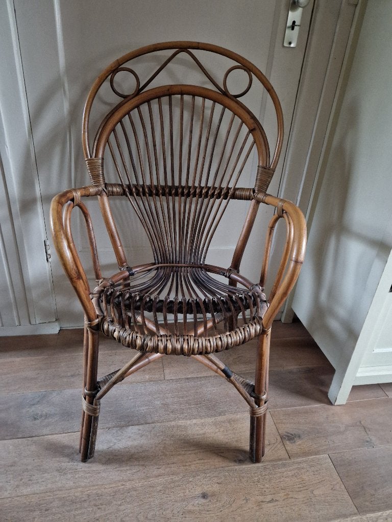 Vintage rieten en bamboe stoel . Italië jaren 70, Ophalen, Bruin, Riet of Rotan, Zo goed als nieuw