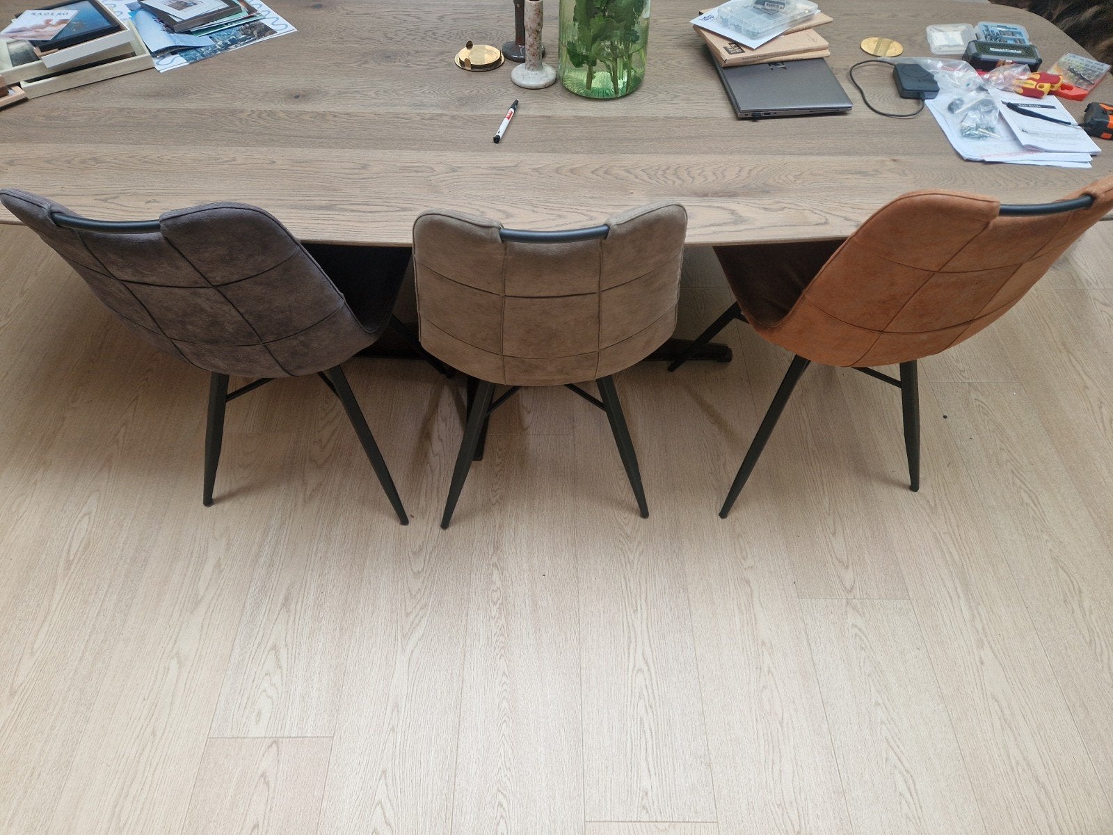 6 eetkamerstoelen van Haco (cognac, antraciet, groen), Ophalen, Overige kleuren, Zo goed als nieuw, Stof