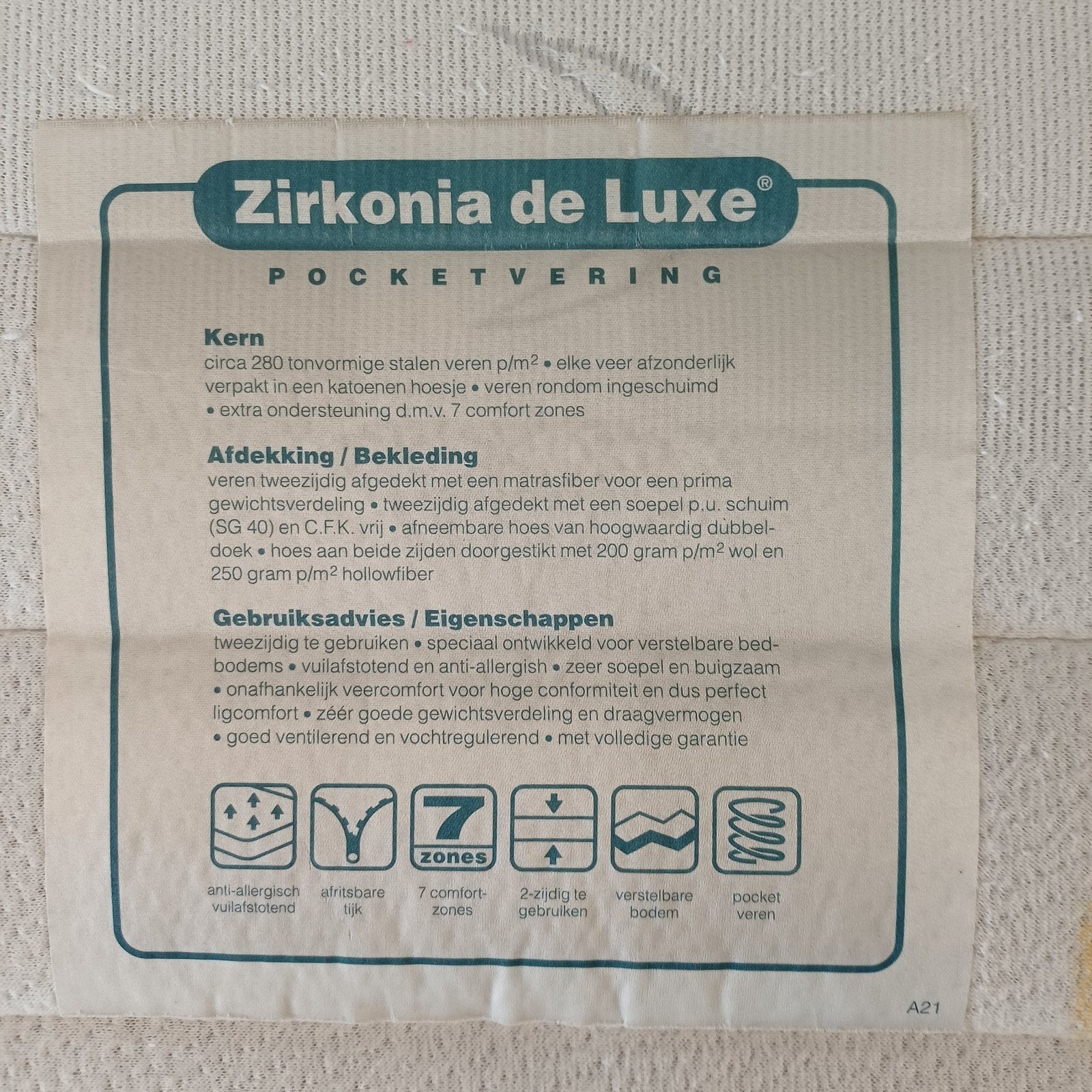 Zirkonia de Luxe Pocketvering Matras - 7 Comfortzones, Ophalen, Gebruikt, 90 cm, Eenpersoons