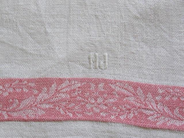 Prachtige handgeweven linnen theedoek roze rand MJ, Antiek en Kunst, Ophalen of Verzenden