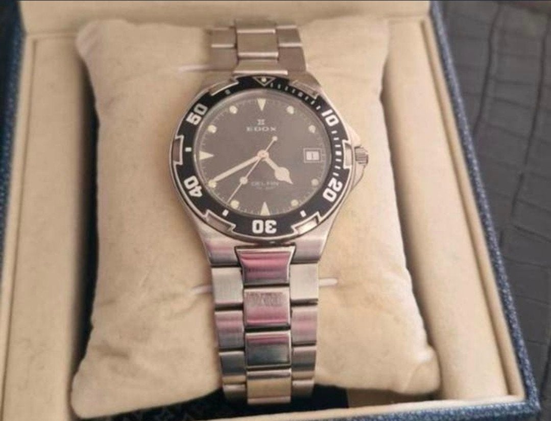 Vintage Edox delfin quartz diver heren horloge, Staal, Gebruikt, Staal, Polshorloge
