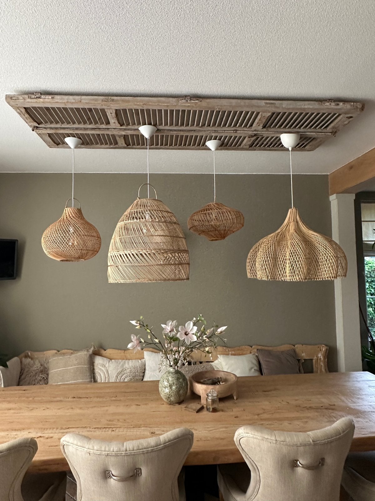 4 rotan lampen aan oude Franse louvredeur, Ophalen, Zo goed als nieuw, Hout, E27 (groot)