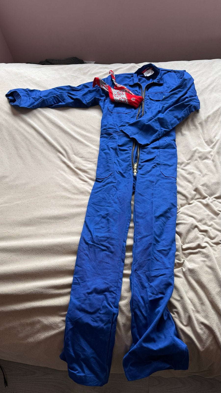 Blauwe overall met rode bandana - Maat 164, Ophalen of Verzenden, Zo goed als nieuw, Kinderen, Overall
