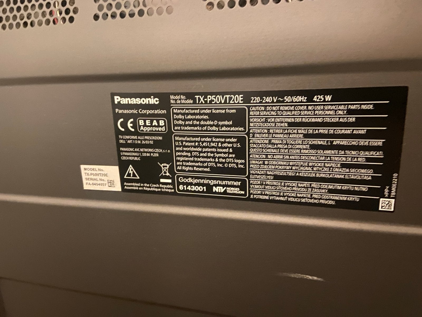 Panasonic TX-P50VT20E Plasma TV, Ophalen, Panasonic, 100 Hz, 100 cm of meer