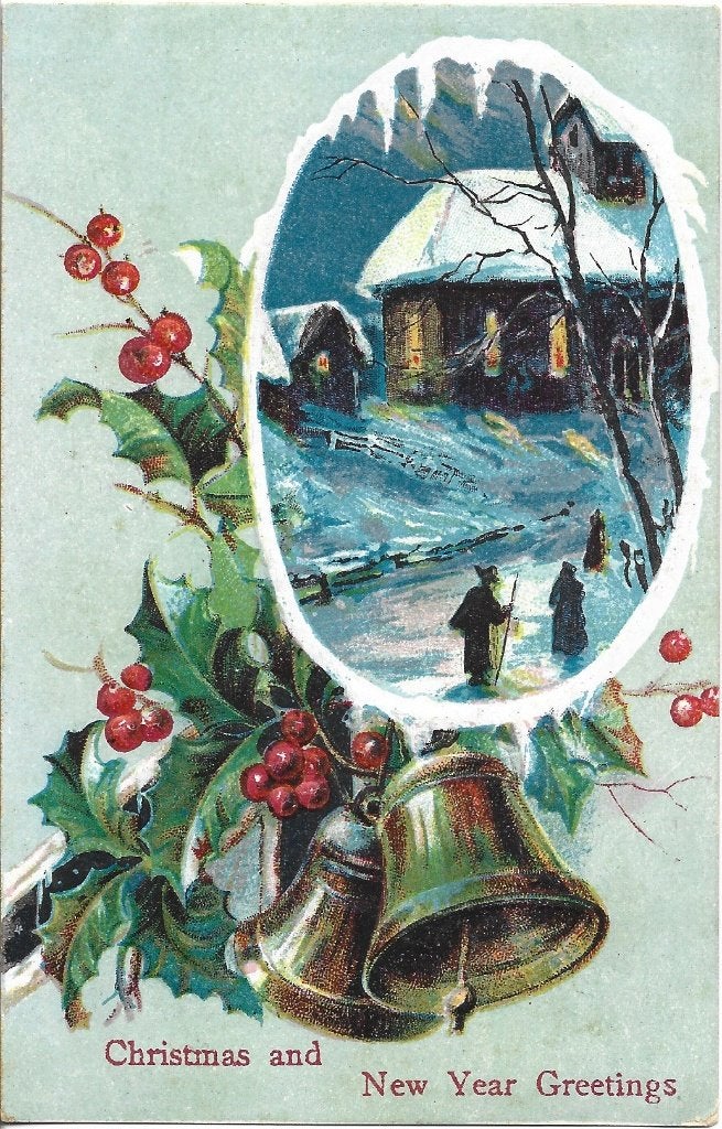 Antiek*Kerst*Landschap Passe partout*Relief*Hulst*Klokjes, Verzamelen, Ophalen of Verzenden, Voor 1920, Ongelopen, Feest(dag)