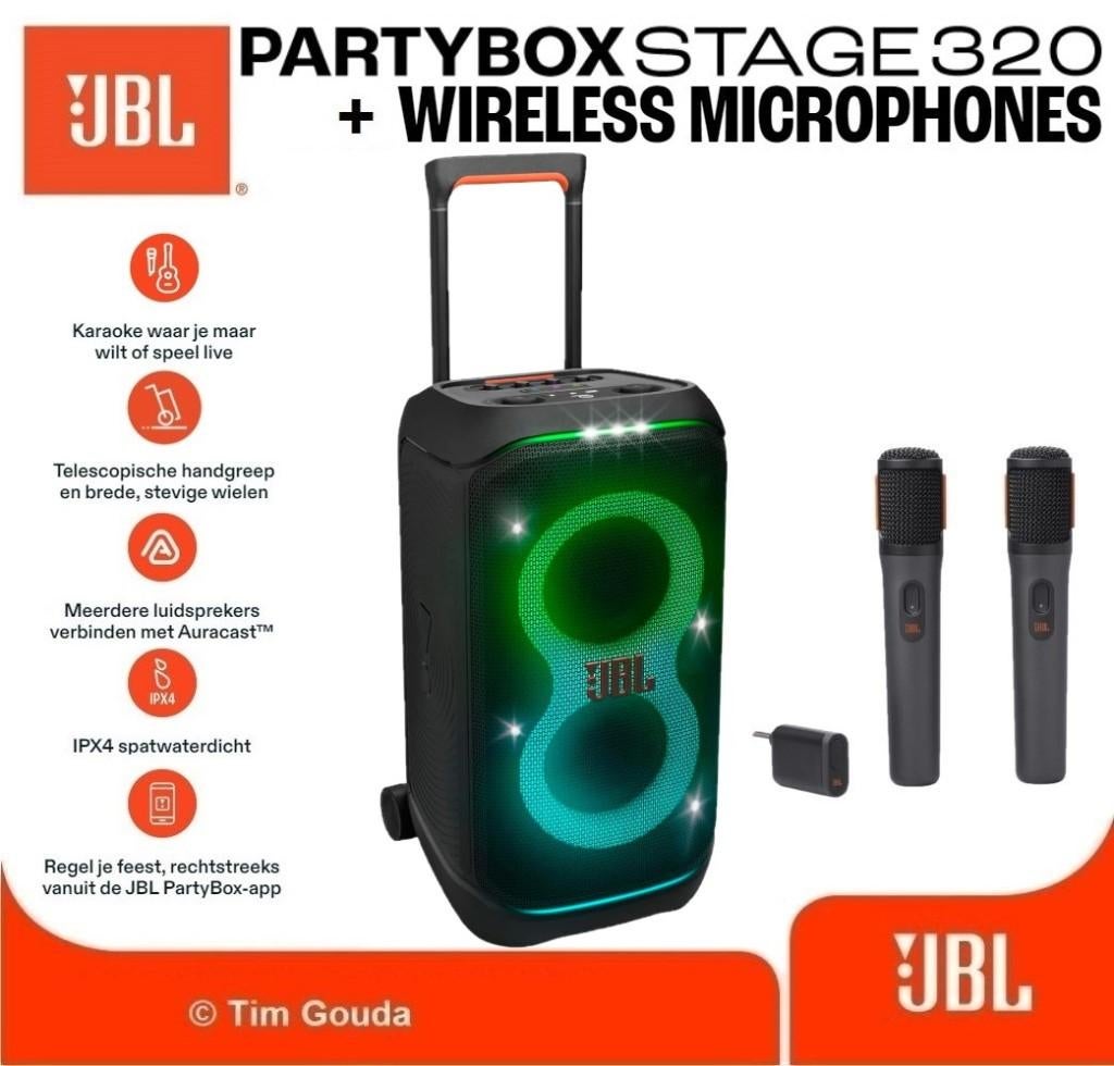 ✅ JBL Partybox Stage 320 + Wireless Microfoon set - NIEUW, JBL, Overige typen, Nieuw, Ophalen of Verzenden