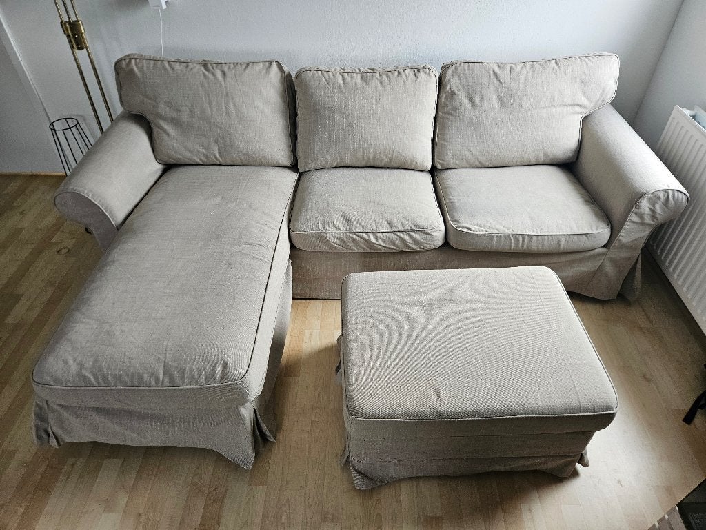 IKEA Ektorp bank met chaise longue + opberg-poef (schoon), Huis en Inrichting, Ophalen, 250 tot 300 cm, Stoffenbank, Hoekbank