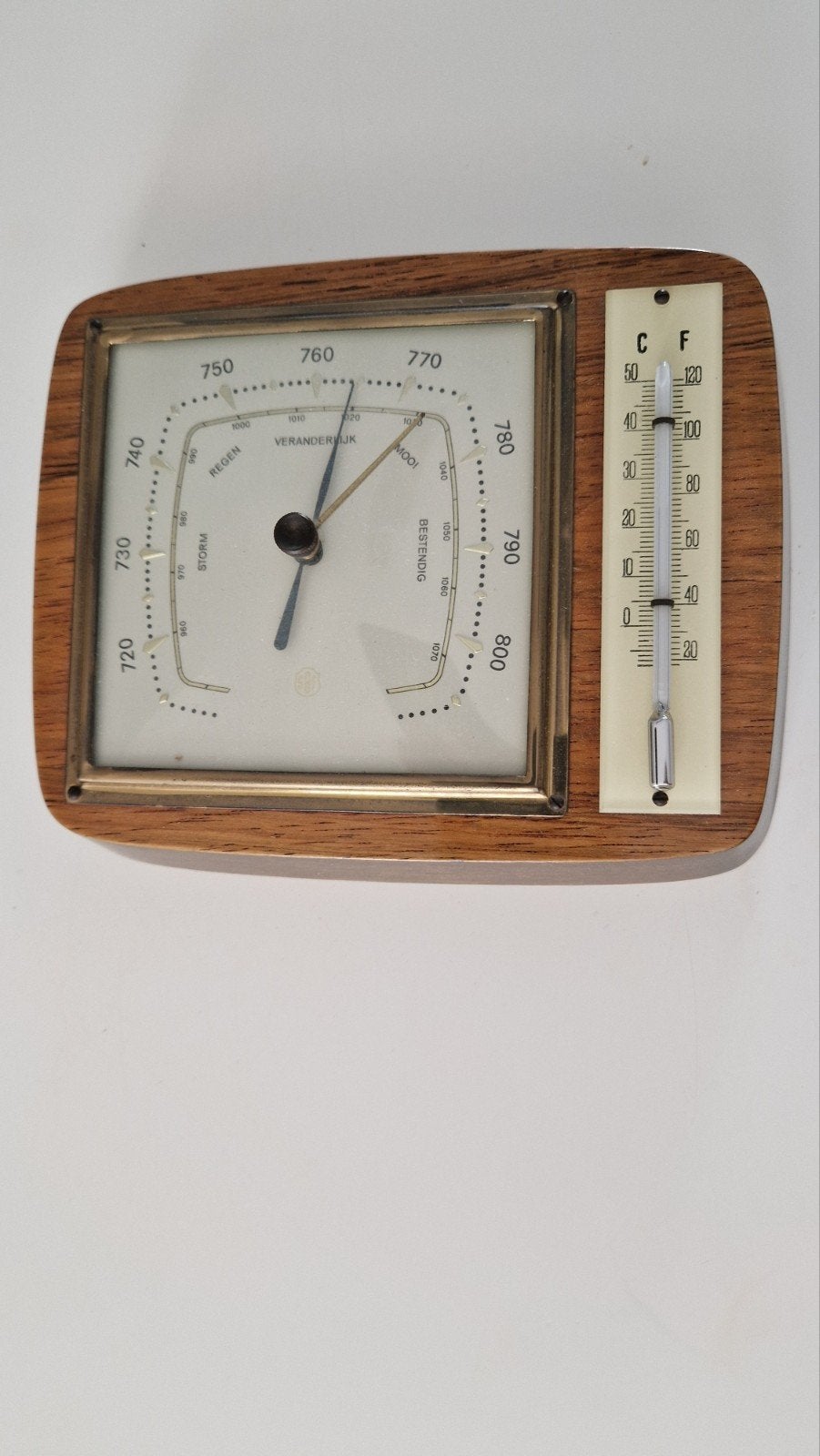 Vintage Barometer en Thermometer - Hout en Messing, Audio, Tv en Foto, Weerstations en Barometers, Ophalen of Verzenden, Gebruikt