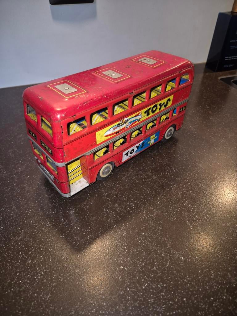 Vintage blikken speelgoedbus - Dubbeldekker, Antiek en Kunst, Ophalen of Verzenden
