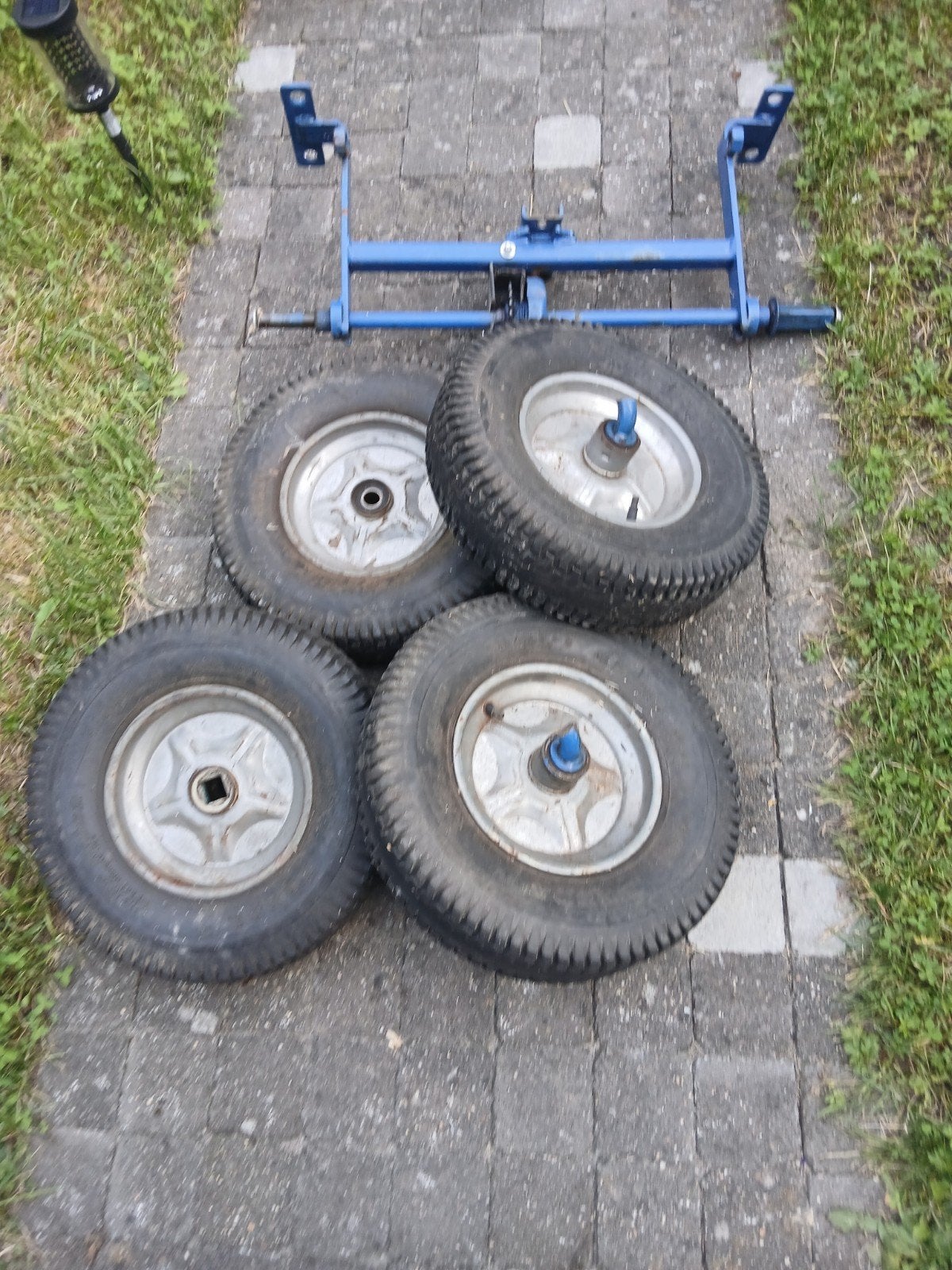 Set van 4 wielen met as voor kar of aanhanger, Ophalen of Verzenden, Gebruikt