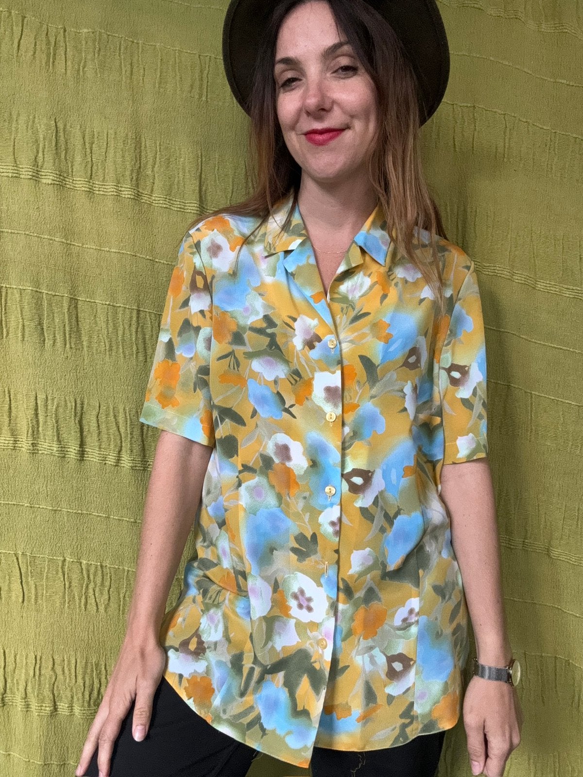 Vintage blouse / shirt - bloemenprint - geel 44/ XXL, Hgv, Maat 42/44 (L), Ophalen of Verzenden, Gedragen