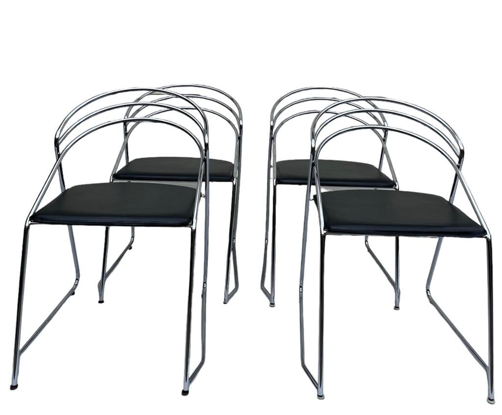 Set van 4 80’s design chroom draadstaal zwart leer stoelen, Huis en Inrichting, Stoelen, Ophalen, Post modern italiaans design