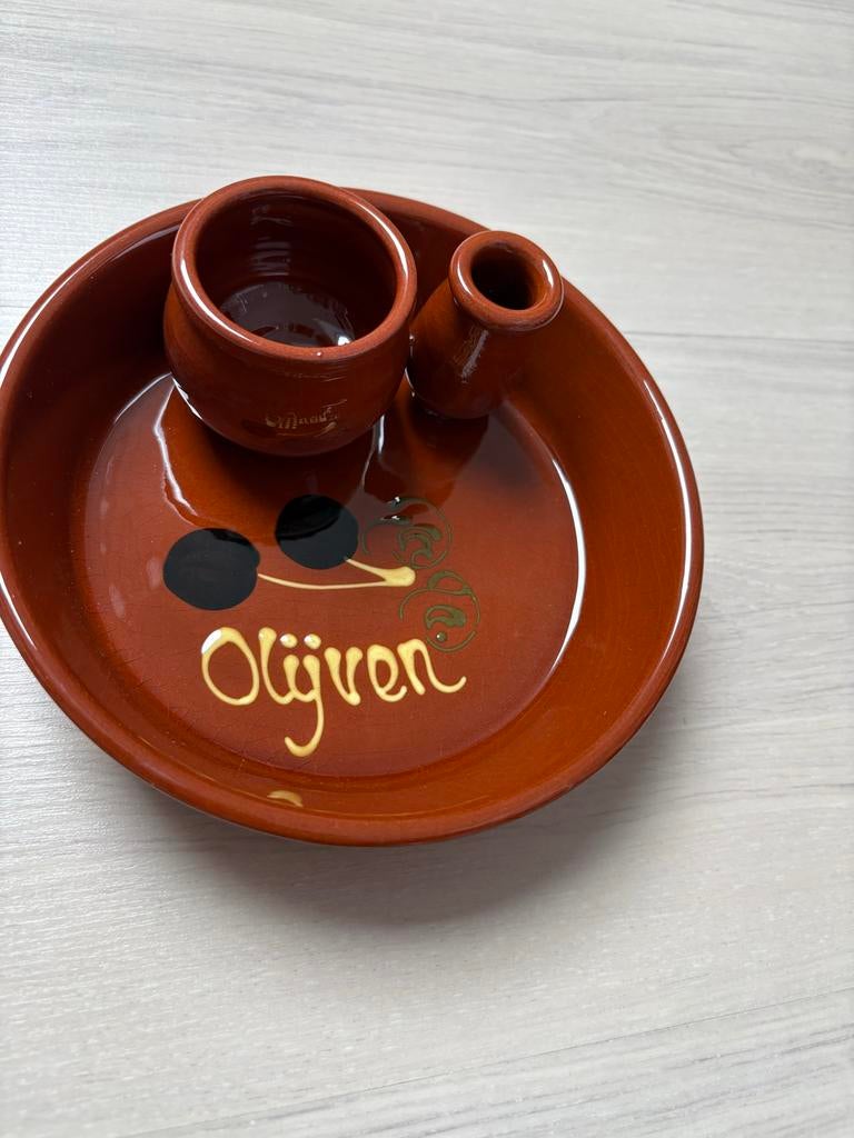 Olijvenschaaltje met 2 potjes - Terracotta, Overige typen, Nieuw, Ophalen of Verzenden, Steen/keramiek