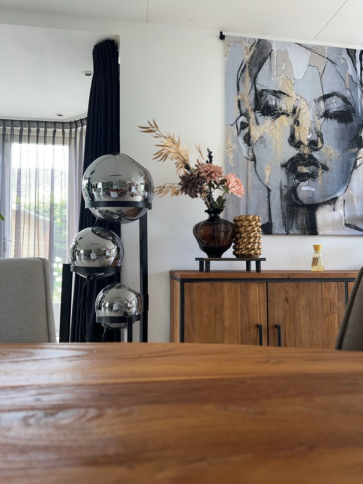 Design vloerlamp met 3 spiegelende bollen, zwart/chroom, Ophalen, Overige fittingen, Zo goed als nieuw, Metaal