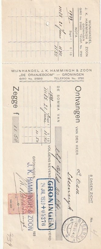 Hammingh distilleerderij De Oranjeboom Groningen wissel 1939, Ophalen of Verzenden, Zo goed als nieuw, Overige typen