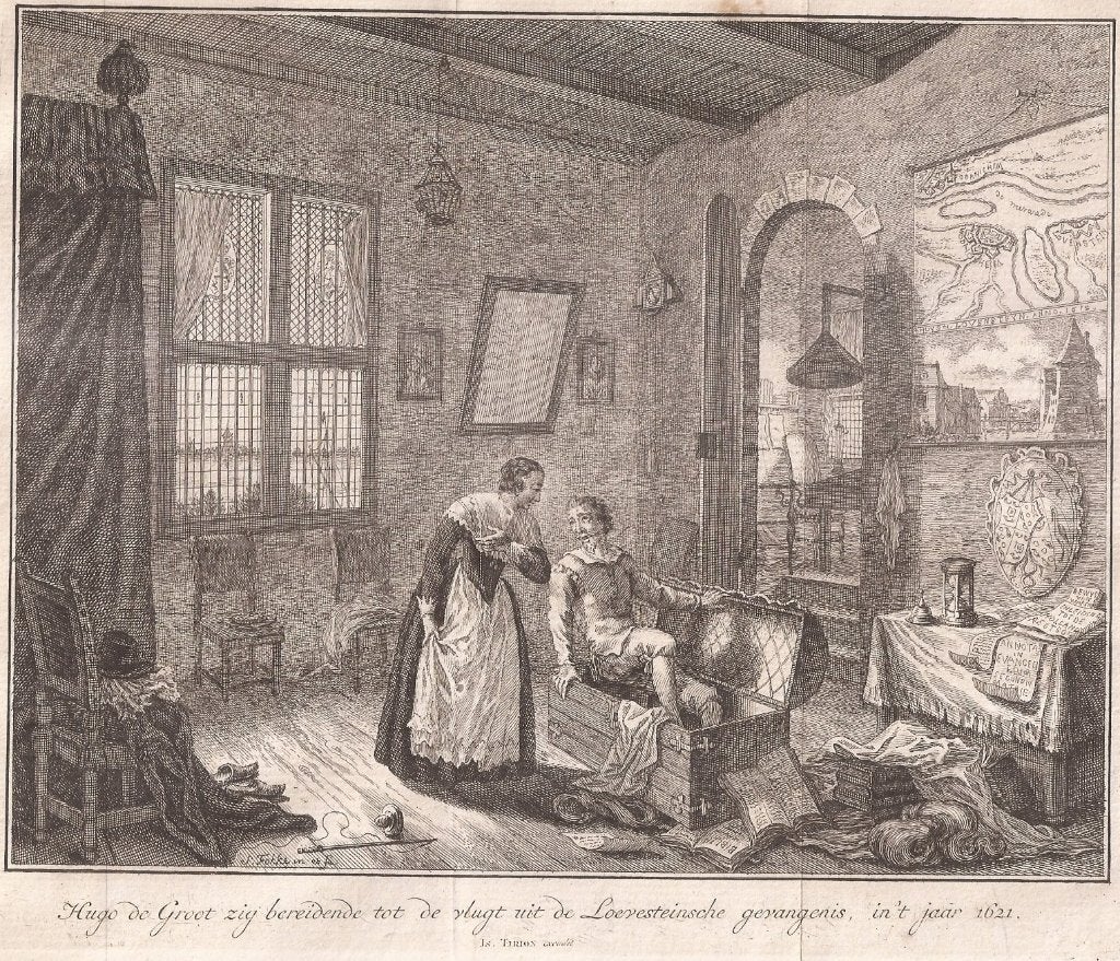 Hugo de Groot vlucht uit Loevesteinsche gevangenis 1621, 19 cm, Ophalen of Verzenden, 15 cm, 1700 - 1799