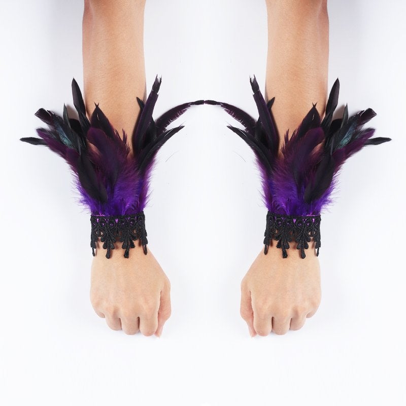 Paarse veren dames handschoenen victoriaanse burlesque punk, Verzenden, Nieuw, Handschoenen, Hoed of Pet