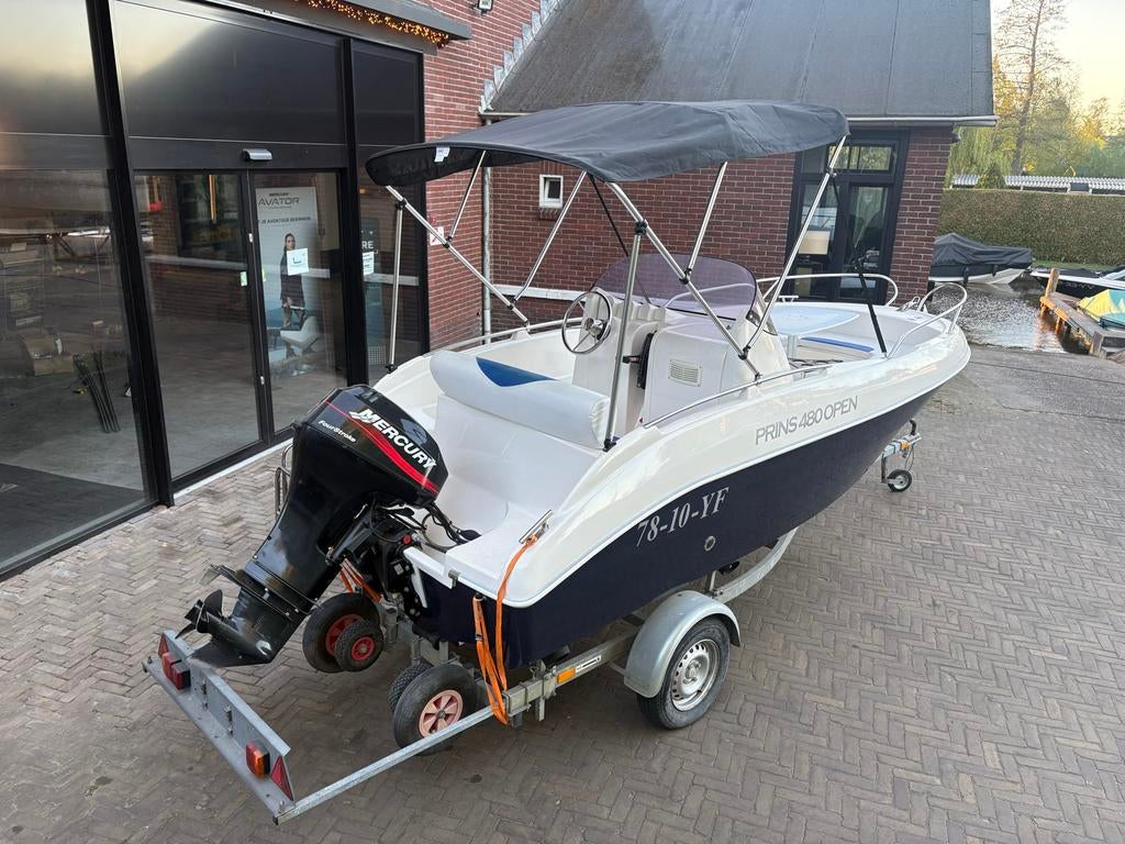 Prins 480 Open met 25pk Mercury en trailer, Vaarklaar!, Watersport en Boten, Ophalen, 10 tot 30 pk, Gebruikt, Snelvarend