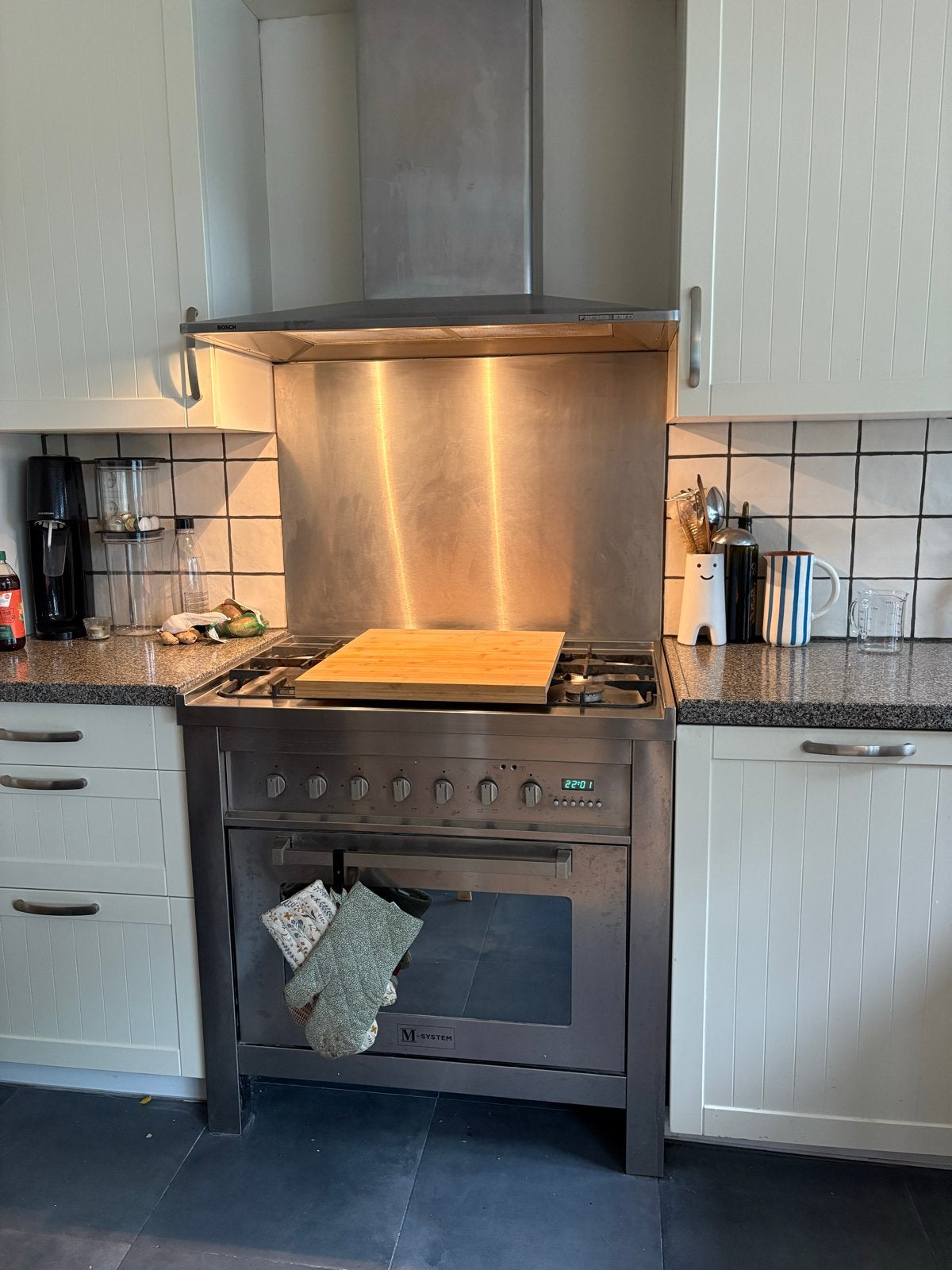 Rvs Fornuis met oven - M-System (mogelijk MFNW96), Ophalen, Gebruikt, Hete lucht, 60 cm of meer