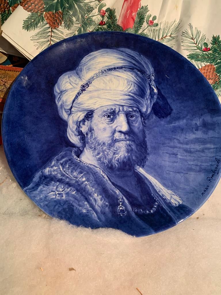 Antieke Delfts Blauw sierbord met portret van Rembrandt, Ophalen of Verzenden
