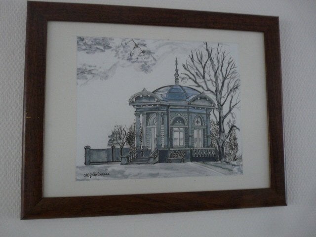tekening prent in bruine lijst Gloriette in Meerssen., Antiek en Kunst, Kunst | Tekeningen en Foto's, Ophalen of Verzenden, Tekening