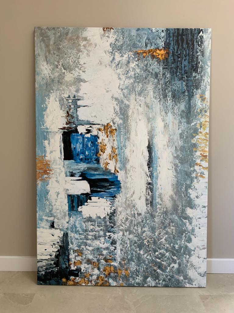 Abstract Schilderij Blauw Wit Goud - Modern Kunstwerk, Ophalen