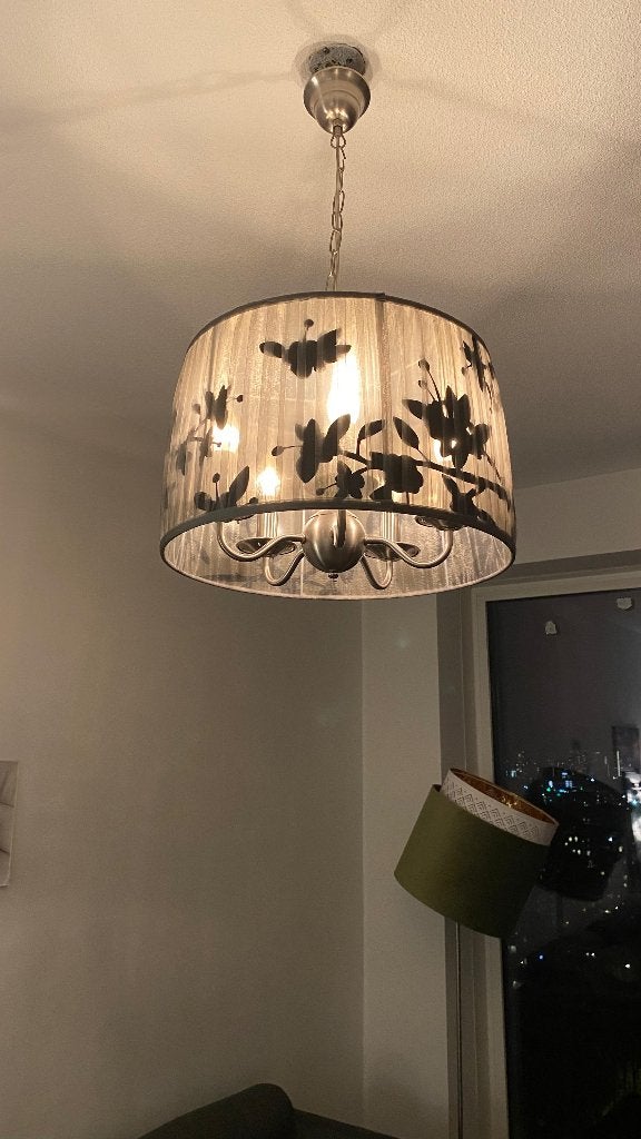 Sfeervolle Hanglamp / Kroonluchter 5-Lichts met Lampenkap, Gebruikt, Metaal, E14 (klein), Brushed Chrome frame with translucent shade, black floral print