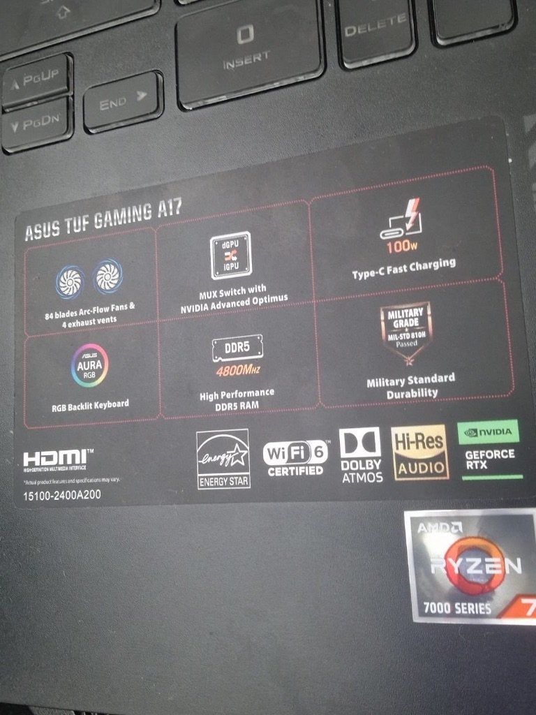 ASUS TUF - Gaming Leptop, Computers en Software, Ryzen 7, Met videokaart, Qwerty, ASUS