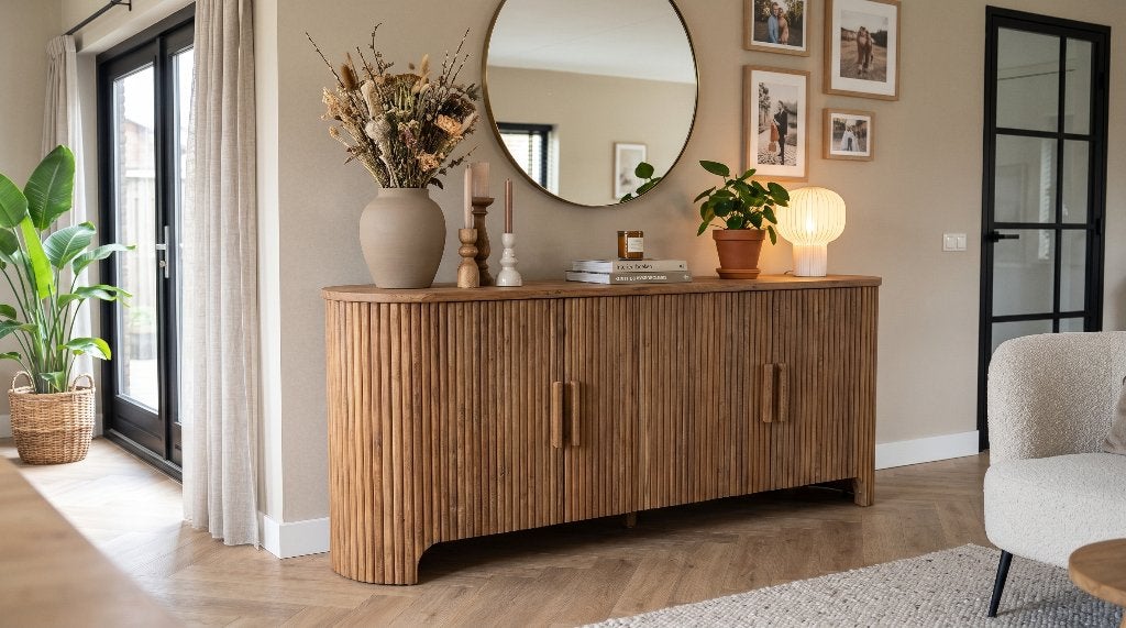 Teak dressoir ronde zijkanten 215 cm